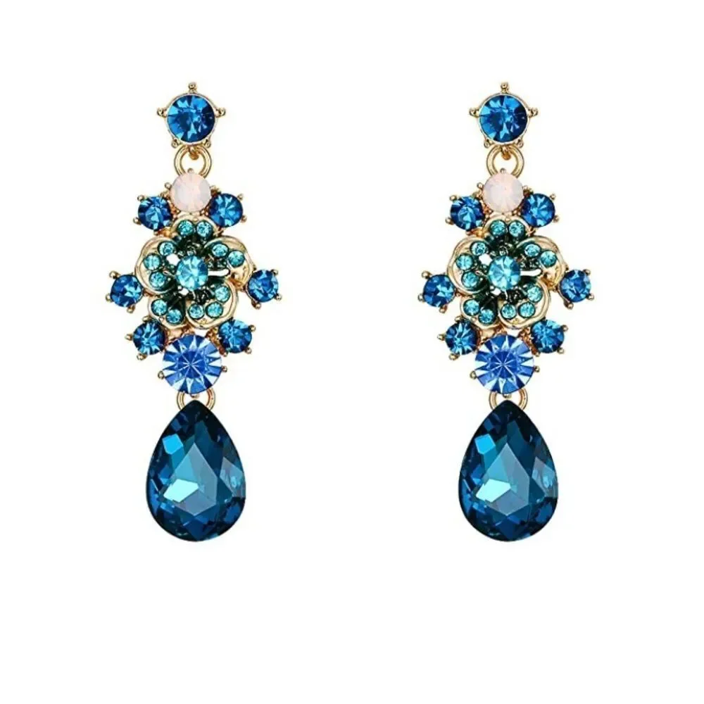 Yellow Gold & Sapphire Blue Austrian Crystal Camellia Necklace and Earrings Set